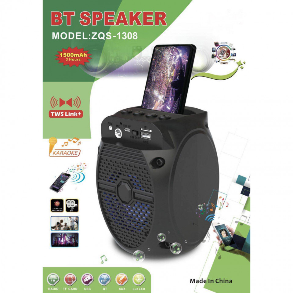 Boxa Portabila Karaoke ZQS-1308 cu Radio FM, Bluetooth, USB, MP3/TF-Card, Input Microfon, LED