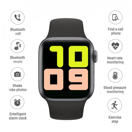 Smartwatch T500, Monitorizare Cardiaca, Tensiune, Sedentarism, Bluetooth 4.2 , Negru, T500-BLACK