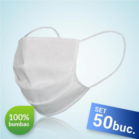 Set 50 bucati, Masca protectie pentru fata, 100% bumbac, culoare alba, fabricat in Romania