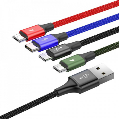 Baseus Cablu Rapid 4 in 1 - USB to 2xMicro USB, Lightning, Tip C - 3,5A 1,2 metrus (CA1T4-C01) Negru