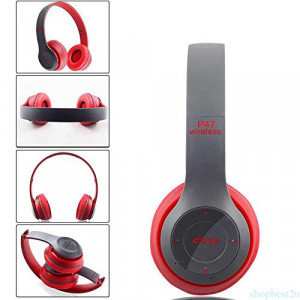 Casti wireless P47, Stereo Headphones, Fm Radio, MP3 Player, Microfon incorporat, Port Micro SD, Negru/ Rosu