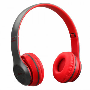 Casti wireless P47, Stereo Headphones, Fm Radio, MP3 Player, Microfon incorporat, Port Micro SD, Negru/ Rosu