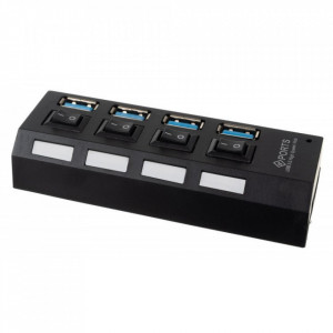 Hub USB 3.0, 4 porturi, Comutator pornire, Negru, PM000122693