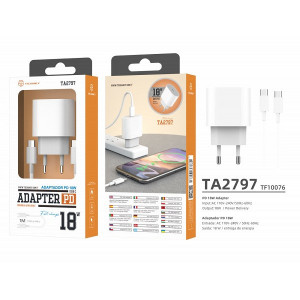 Încărcător priza rapid Pd 18W + cablu tip-C Pd 1M alb, PMTF100763