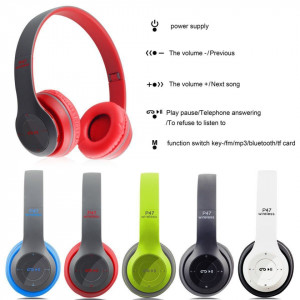 Casti wireless P47, Stereo Headphones, Fm Radio, MP3 Player, Microfon incorporat, Port Micro SD, Negru/ Rosu