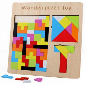Puzzle incastru 3 in 1 din lemn, forme geometrice, 38 elemente, PM000112263