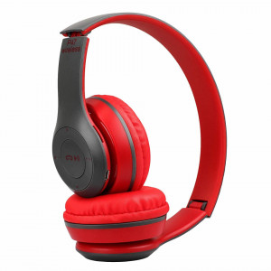 Casti wireless P47, Stereo Headphones, Fm Radio, MP3 Player, Microfon incorporat, Port Micro SD, Negru/ Rosu