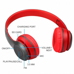 Casti wireless P47, Stereo Headphones, Fm Radio, MP3 Player, Microfon incorporat, Port Micro SD, Negru/ Rosu