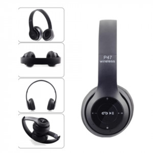 Casti wireless P47, Stereo Headphones, Fm Radio, MP3 Player, Microfon incorporat, Port Micro SD, Negru