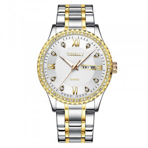 Ceas fashion pentru femei Tisselly, Quartz, cu Data, Analog, Argintiu-Auriu