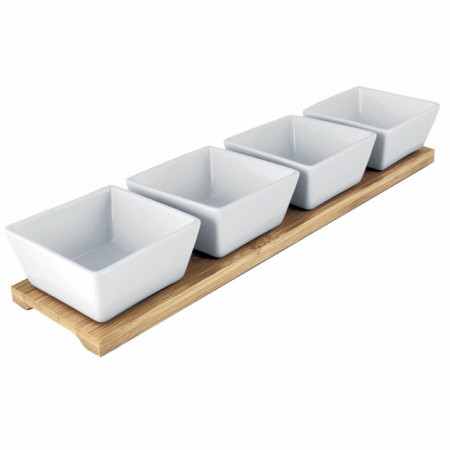 Set 4 boluri portelan pentru servire Lamart, suport bambus 38 x 9 cm