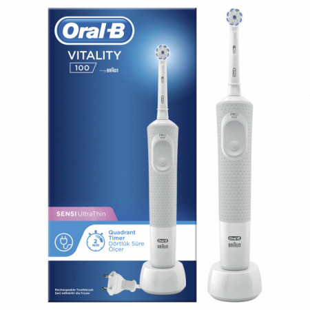 Periuta electrica de dinti Oral-B Vitality D100 Sensi Ultra Thin, 7600 Oscilatii/min, Curatare 2D, 1 program, 1 capat, alb