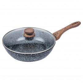Tigaie adanca cu interior marmorat Kinghoff, diametru 24 cm, inductie, capac sticla, maner ergonomic