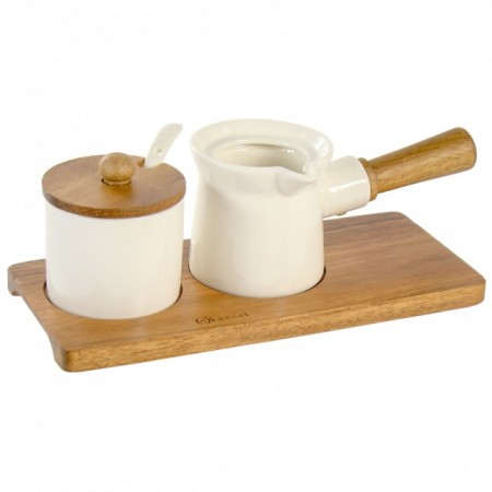 Set pentru cafea Kassel 93559, zaharnita, lingura zahar, recipient lapte, suport, material portelan si lemn de salcam