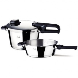 Set oala + tigaie (cratita) sub presiune Fissler VitaVit Premium, capacitate 4.5 + 2.5 Litri, diametru 22 cm, accesoriu aburi, inductie