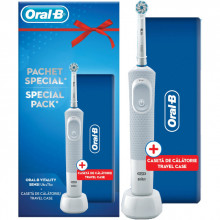 Set Periuta electrica de dinti Oral-B Vitality D100 Sensi Ultra Thin + Travel Case, 7600 Oscilatii/min, 1 program, 1 capat, alb