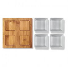 Set 4 boluri portelan pentru servire Lamart, suport bambus 19 x 19 cm