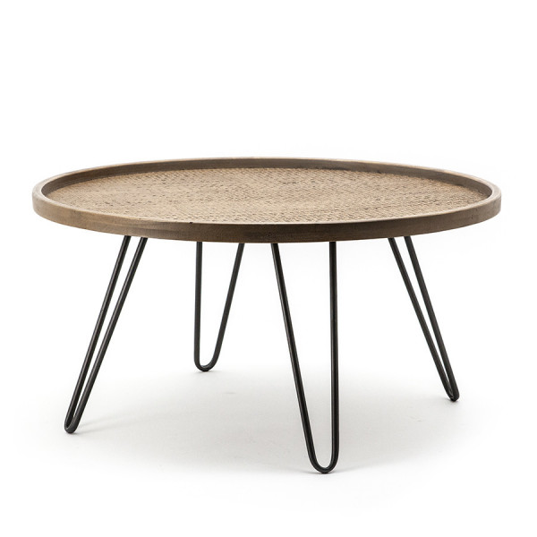 Masuta de cafea rotunda cu blat din lemn si picioare metalice Drax 80x80x40 cm maro deschis