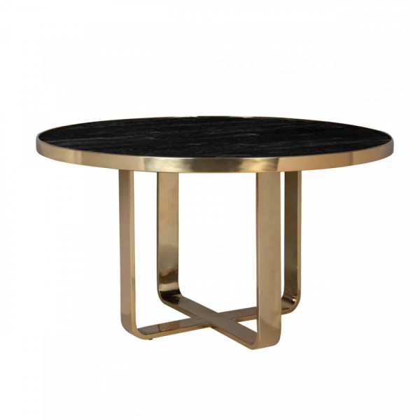 Masa rotunda cu blat din lemn de tec reciclat si sticla 78,5 x 140 x 140 cm neagra/ auriu