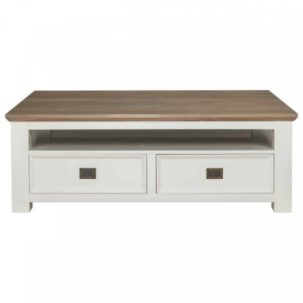 Masuta de cafea dreptunghiulara din pin si stejar cu spatiu de depozitare Cardiff 130x80x45 cm alb/maro