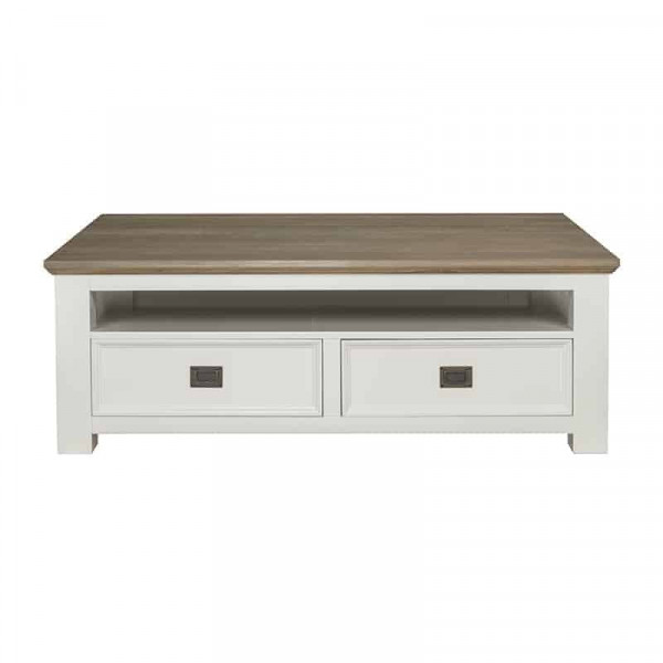 Masuta de cafea dreptunghiulara din pin si stejar cu spatiu de depozitare Cardiff 130x80x45 cm alb/maro