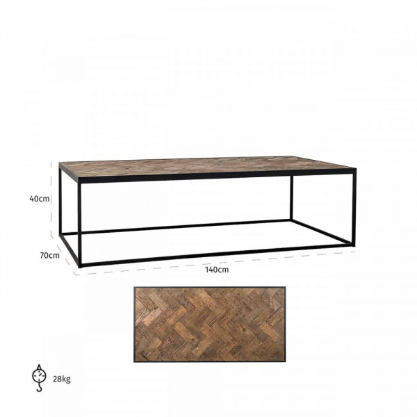 Masuta de cafea dreptunghiulara din stejar si metal Herringbone 140x70x40 cm negru/maro
