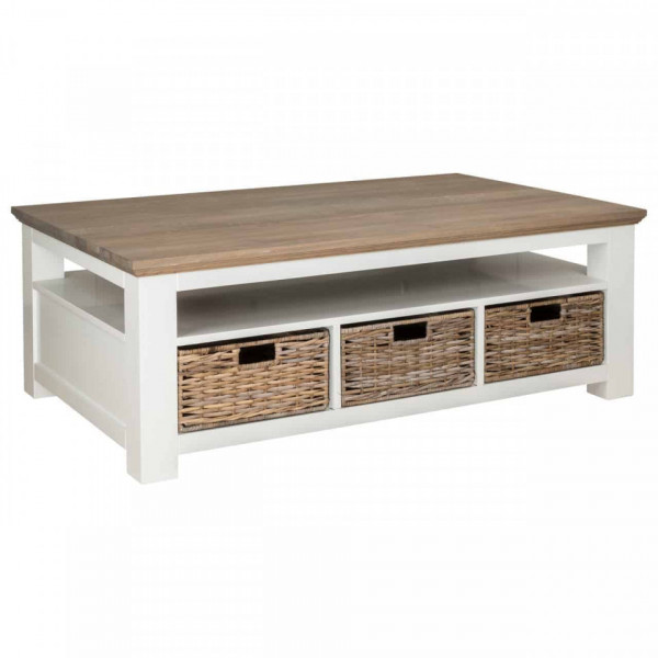 Masuta de cafea dreptunghiulara din pin si stejar cu spatiu de depozitare Cardiff 130x80x45 cm alb/maro