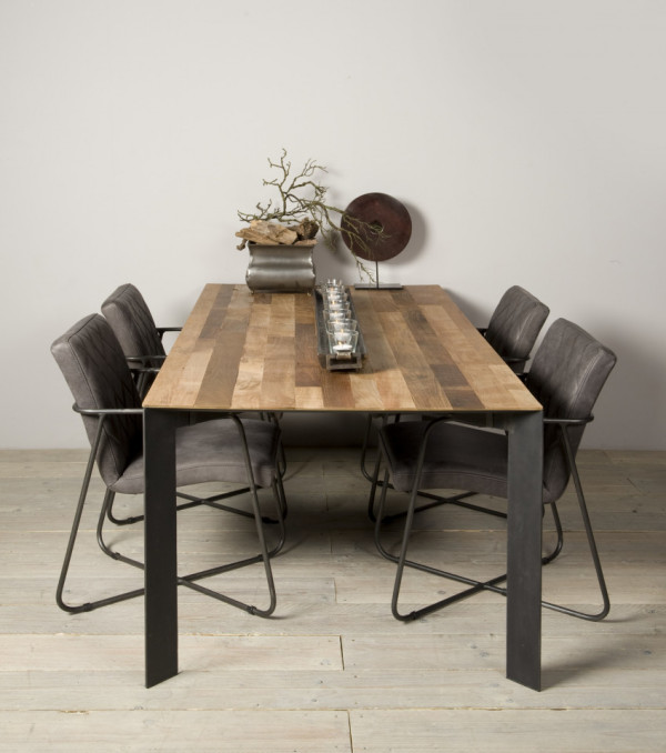 Masa dreptunghiulara cu blat din lemn de tec reciclat 180x90x78 cm maro deschis/argintiu