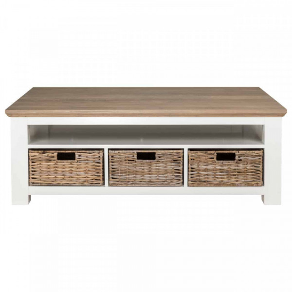 Masuta de cafea dreptunghiulara din pin si stejar cu spatiu de depozitare Cardiff 130x80x45 cm alb/maro