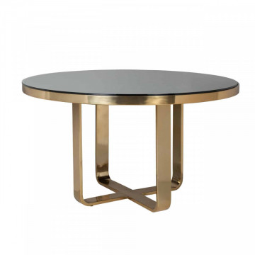 Masa rotunda cu blat din lemn de tec reciclat si sticla 78,5 x 140 x 140 cm neagra/ auriu