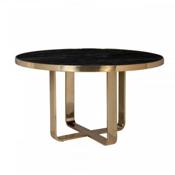 Masa rotunda cu blat din lemn de tec reciclat si sticla 78,5 x 140 x 140 cm neagra/ auriu
