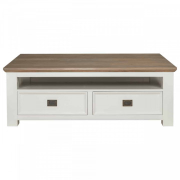 Masuta de cafea dreptunghiulara din pin si stejar cu spatiu de depozitare Cardiff 130x80x45 cm alb/maro