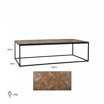 Masuta de cafea dreptunghiulara din stejar si metal Herringbone 140x70x40 cm negru/maro