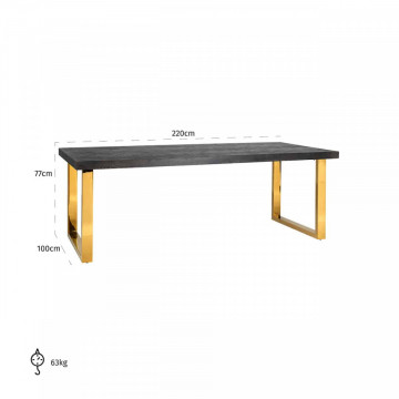 Masa dreptunghiulara cu blat din lemn de stejar Blackbone 77 x 220 x 100 cm gri inchis/auriu