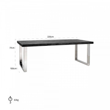 Masa dreptunghiulara cu blat din lemn de stejar Blackbone 77 x 220 x 100 cm gri inchis/argintiu