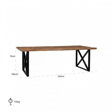 Masa dreptunghiulara cu blat din lemn de tec reciclat Industrial Kensington 75x240x100 cm