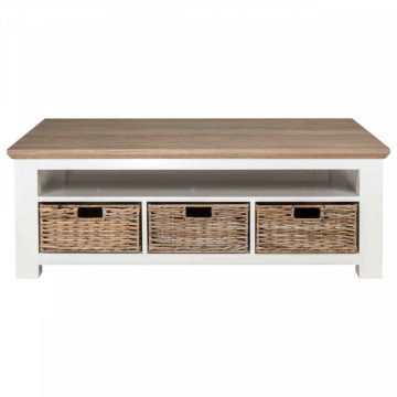 Masuta de cafea dreptunghiulara din pin si stejar cu spatiu de depozitare Cardiff 130x80x45 cm alb/maro