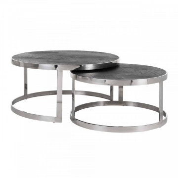Set 2 masute de cafea rotunde din otel si stejar Blackbone 42x91,5x91,5 cm argintiu/negru