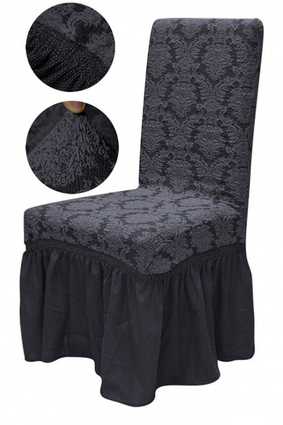 Set 6 huse Multielastice Jacquard pentru scaune, cu volanas, Cenusiu