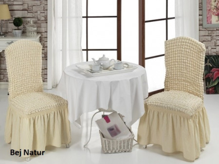 Set 6 huse pentru scaune, creponate si elastice, cu volanas, Bej Natur