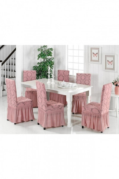 Set 6 huse elastice pentru scaune, cu volanas si model Jacquard, Roz