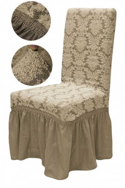 Set 6 huse Multielastice Jacquard pentru scaune, cu volanas, Bej
