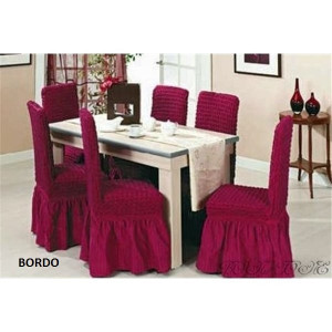 Set 6 huse pentru scaune, creponate si elastice, cu volanas, Bordo