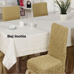 Set 6 huse pentru scaune, creponate si elastice, cu volanas, Bej Inchis