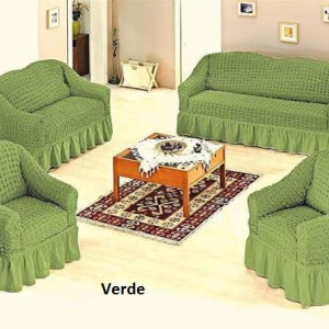 Set huse elastice si creponate pentru canapea 3 locuri, canapea 2 locuri si 1 fotoliu, cu volanas, Verde