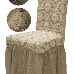 Set 6 huse elastice pentru scaune, cu volanas si model Jacquard, Bej