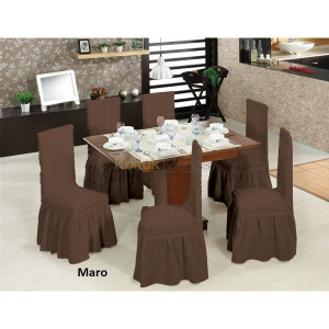 Set 6 huse pentru scaune, creponate si elastice, cu volanas, Maro