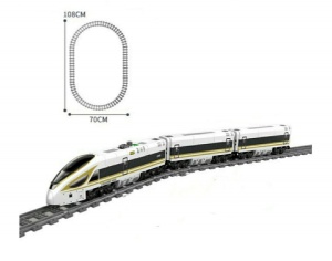 Trenuleț electric alb/galben pentru calatori VICTOR din piese de construcție, 647 piese