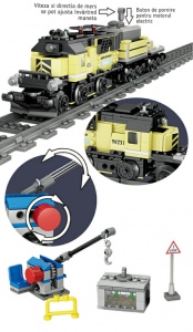 Trenulet electric galben pentru marfă ARLO din piese de construcție, 376 piese