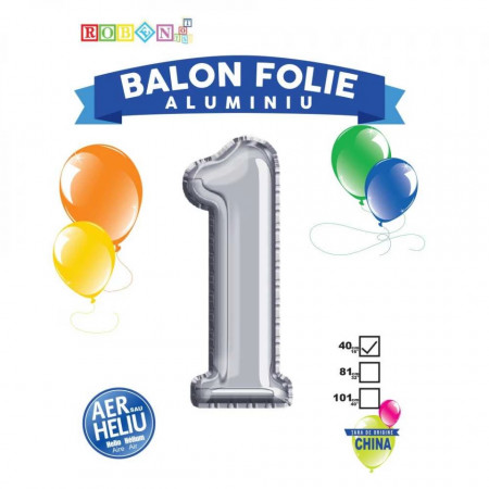 Balon, folie aluminiu, argintiu, cifra 1, 40 cm